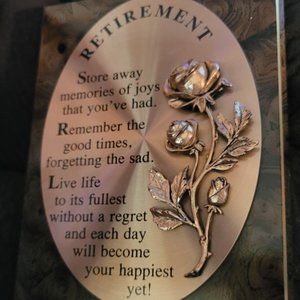 Vintage Wooden Retirement Wall Plaque Hanging Gift Brass Tone Overlay Roses GC